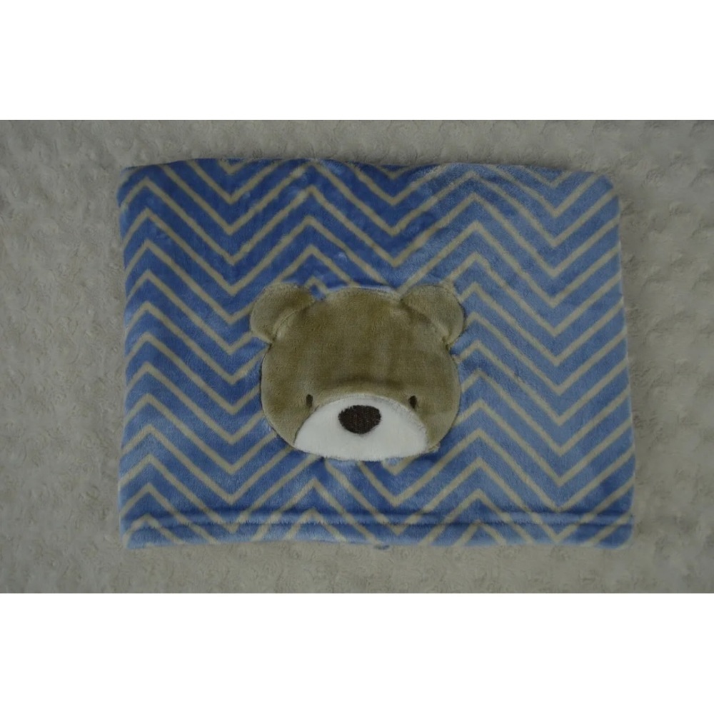 Baby Starters Teddy Bear Face Baby Blanket Chevron Zig Zag Stripes Blue Tan